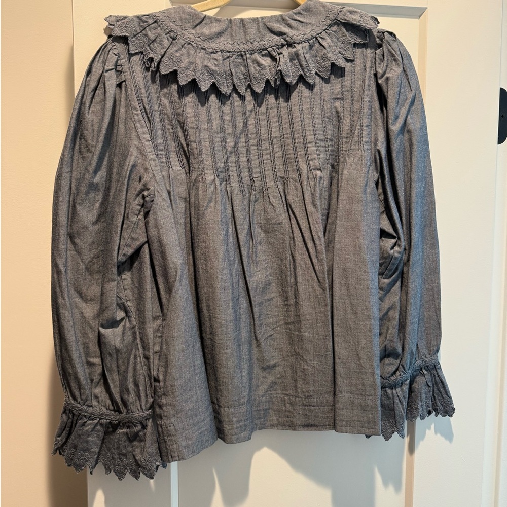 Doen Blue Ruffled Collar Cotton Blouse - Picture 3 of 3